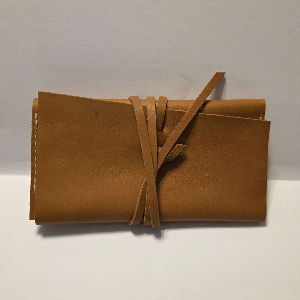 Brown Folding Wallet with Tie Closure, Stitched Accents, Unisex Solid Leather